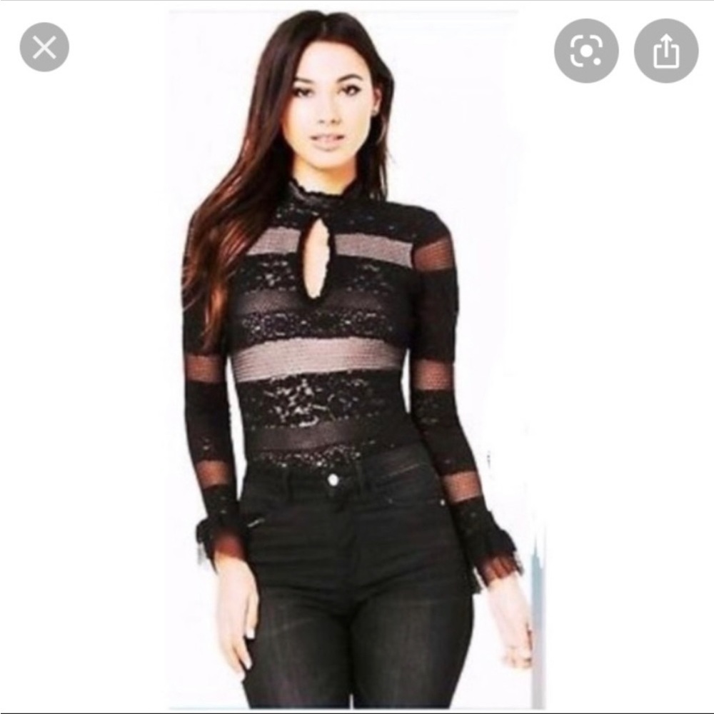 BEBE Black Lace Nude Illusion Keyhole Bodysuit
